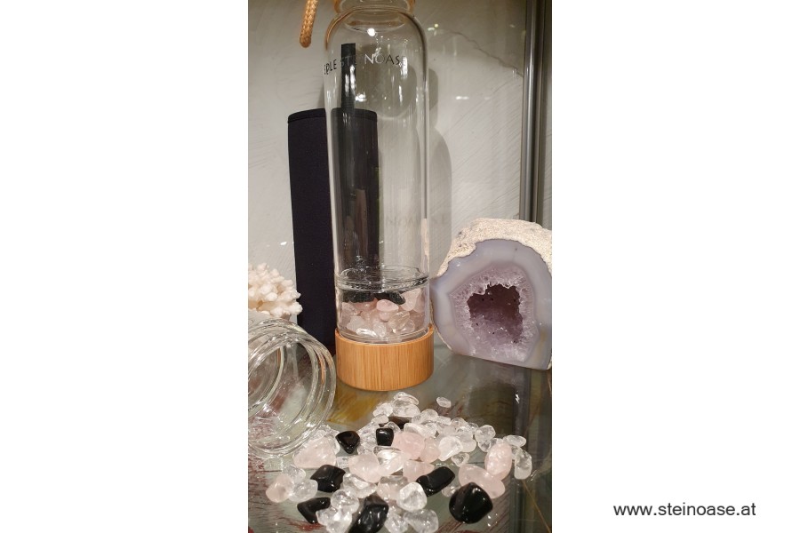Glasflasche mit  Rosenquarz + Schörl + Bergkristall